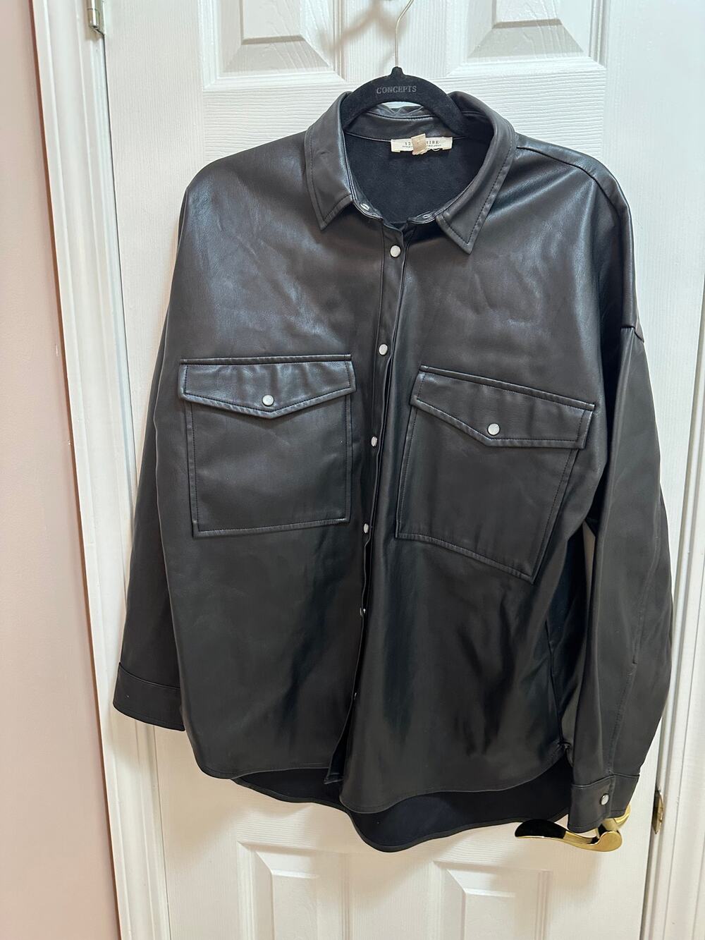 12th Tribe Faux Leather Button- Down Shirt Size S/M in Black